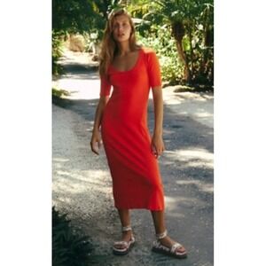 Free People‎ Beach Avery Midi Dress Small Coral Orange Ribbed Cotton Beach Boho
